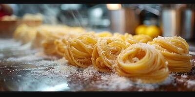 ai generado clásico pasta en cocina antecedentes. dieta y comida concepto. foto