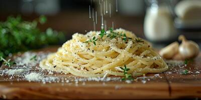 AI Generated Classic Pasta on kitchen background. Diet and food concept. photo