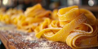 AI Generated Classic Pasta on kitchen background. Diet and food concept. photo