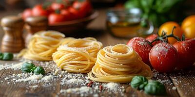 AI Generated Classic Pasta on kitchen background. Diet and food concept. photo