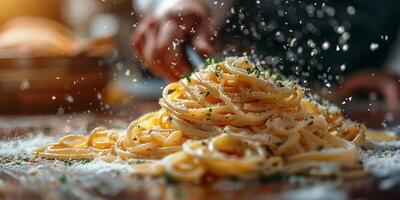 AI Generated Classic Pasta on kitchen background. Diet and food concept. photo