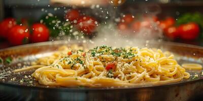 AI Generated Classic Pasta on kitchen background. Diet and food concept. photo