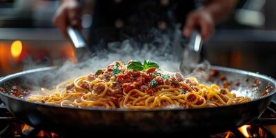 ai generado clásico pasta en cocina antecedentes. dieta y comida concepto. foto