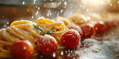 ai generado clásico pasta en cocina antecedentes. dieta y comida concepto. foto