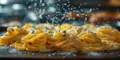 AI Generated Classic Pasta on kitchen background. Diet and food concept. photo