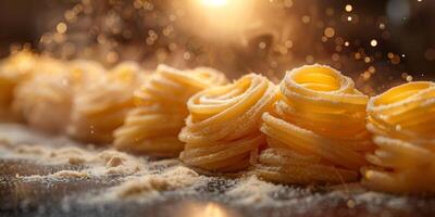 AI Generated Classic Pasta on kitchen background. Diet and food concept. photo