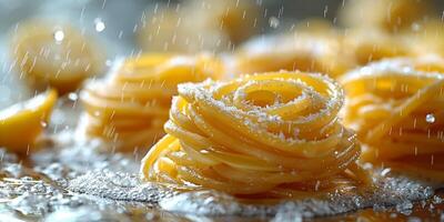 ai generado clásico pasta en cocina antecedentes. dieta y comida concepto. foto