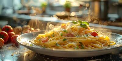 ai generado clásico pasta en cocina antecedentes. dieta y comida concepto. foto