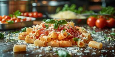 AI Generated Classic Pasta on kitchen background. Diet and food concept. photo