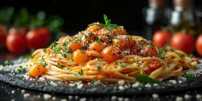 AI Generated Classic Pasta on kitchen background. Diet and food concept. photo