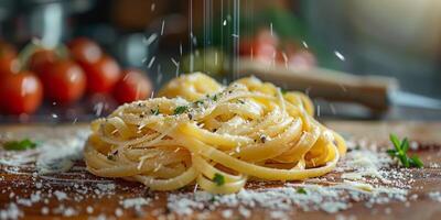 AI Generated Classic Pasta on kitchen background. Diet and food concept. photo