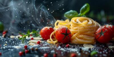 AI Generated Classic Pasta on kitchen background. Diet and food concept. photo