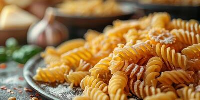 AI Generated Classic Pasta on kitchen background. Diet and food concept. photo