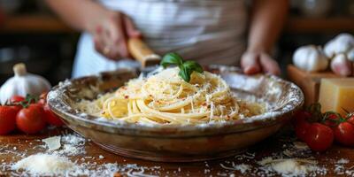 AI Generated Classic Pasta on kitchen background. Diet and food concept. photo
