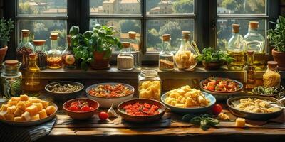 AI Generated Classic Pasta on kitchen background. Diet and food concept. photo