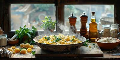 AI Generated Classic Pasta on kitchen background. Diet and food concept. photo