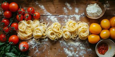 AI Generated Classic Pasta on kitchen background. Diet and food concept. photo