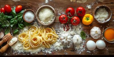 AI Generated Classic Pasta on kitchen background. Diet and food concept. photo