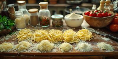 AI Generated Classic Pasta on kitchen background. Diet and food concept. photo