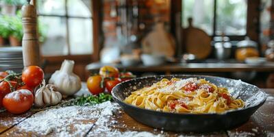 AI Generated Classic Pasta on kitchen background. Diet and food concept. photo