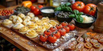 AI Generated Classic Pasta on kitchen background. Diet and food concept. photo