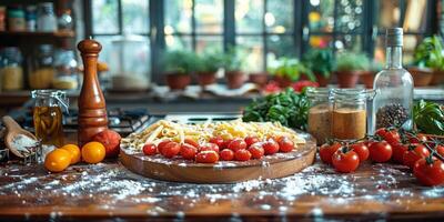 ai generado clásico pasta en cocina antecedentes. dieta y comida concepto. foto