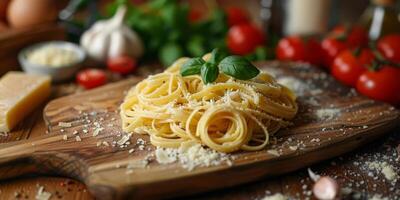 ai generado clásico pasta en cocina antecedentes. dieta y comida concepto. foto