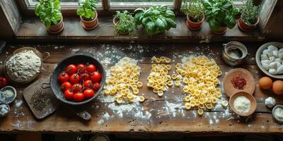 AI Generated Classic Pasta on kitchen background. Diet and food concept. photo