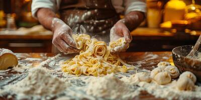 AI Generated Classic Pasta on kitchen background. Diet and food concept. photo