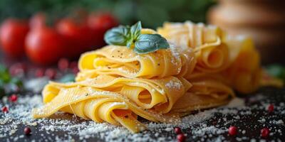 AI Generated Classic Pasta on kitchen background. Diet and food concept. photo