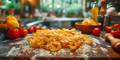 AI Generated Classic Pasta on kitchen background. Diet and food concept. photo