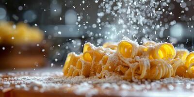 AI Generated Classic Pasta on kitchen background. Diet and food concept. photo