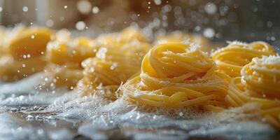 AI Generated Classic Pasta on kitchen background. Diet and food concept. photo