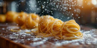 AI Generated Classic Pasta on kitchen background. Diet and food concept. photo