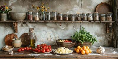 AI Generated Classic Pasta on kitchen background. Diet and food concept. photo