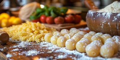 ai generado clásico pasta en cocina antecedentes. dieta y comida concepto. foto