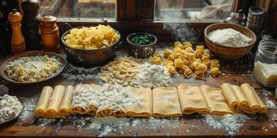 AI Generated Classic Pasta on kitchen background. Diet and food concept. photo