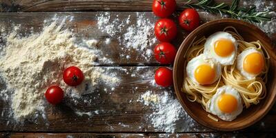 AI Generated Classic Pasta on kitchen background. Diet and food concept. photo