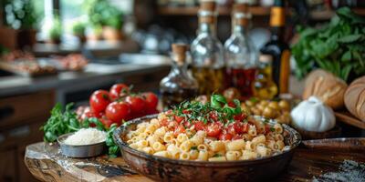 AI Generated Classic Pasta on kitchen background. Diet and food concept. photo
