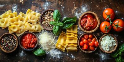 AI Generated Classic Pasta on kitchen background. Diet and food concept. photo