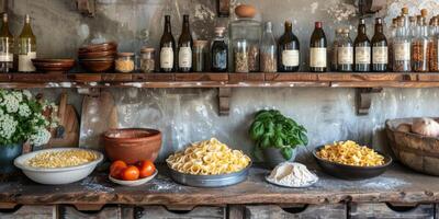 AI Generated Classic Pasta on kitchen background. Diet and food concept. photo