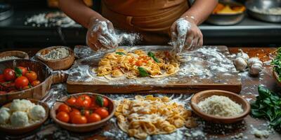 AI Generated Classic Pasta on kitchen background. Diet and food concept. photo