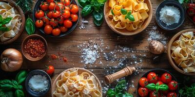 AI Generated Classic Pasta on kitchen background. Diet and food concept. photo