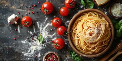 AI Generated Classic Pasta on kitchen background. Diet and food concept. photo