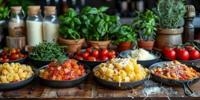 AI Generated Classic Pasta on kitchen background. Diet and food concept. photo