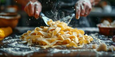 AI Generated Classic Pasta on kitchen background. Diet and food concept. photo