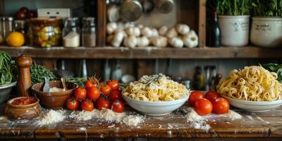 AI Generated Classic Pasta on kitchen background. Diet and food concept. photo