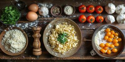 AI Generated Classic Pasta on kitchen background. Diet and food concept. photo