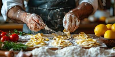 AI Generated Classic Pasta on kitchen background. Diet and food concept. photo