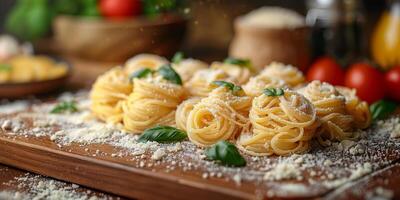 AI Generated Classic Pasta on kitchen background. Diet and food concept. photo